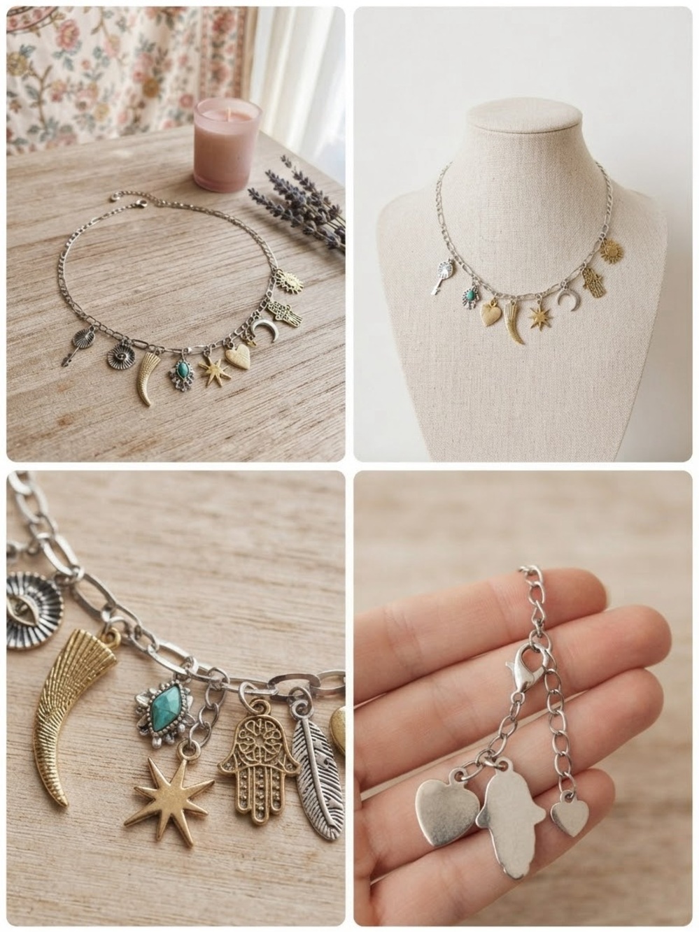 Boho mixed metal charm necklace with celestial & amulet charms